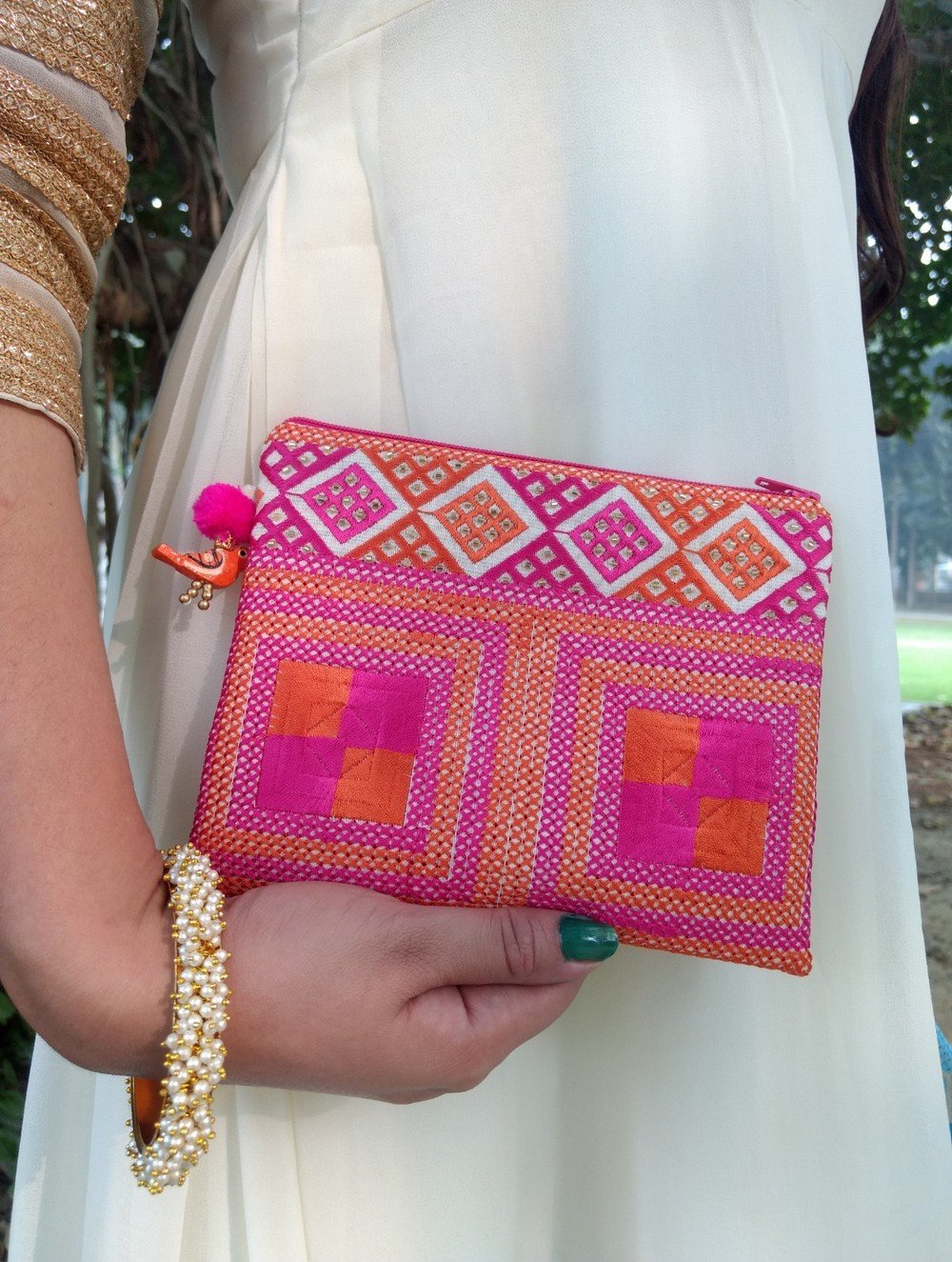 Fuchsia Orange Square Emb Pouch