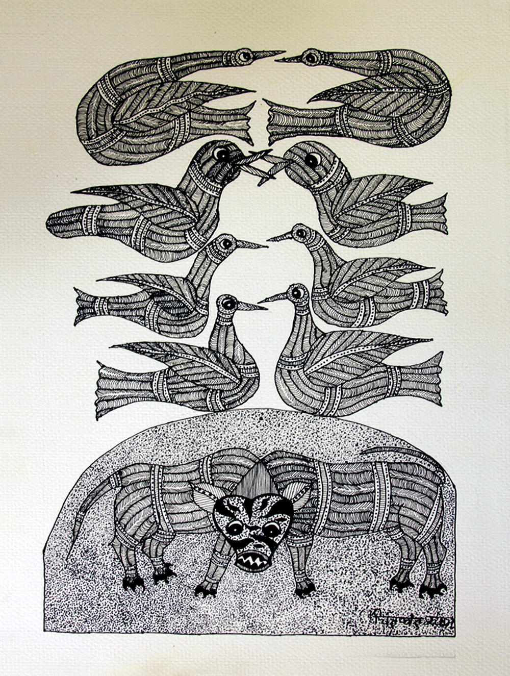 Gond Art Painting - Birds & Tiger (14.5" x 10") - The India Craft House 