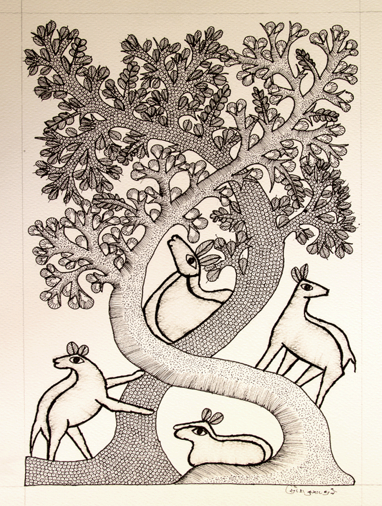Gond Art Painting - Deer & Tree (14.5" x 10") - The India Craft House 