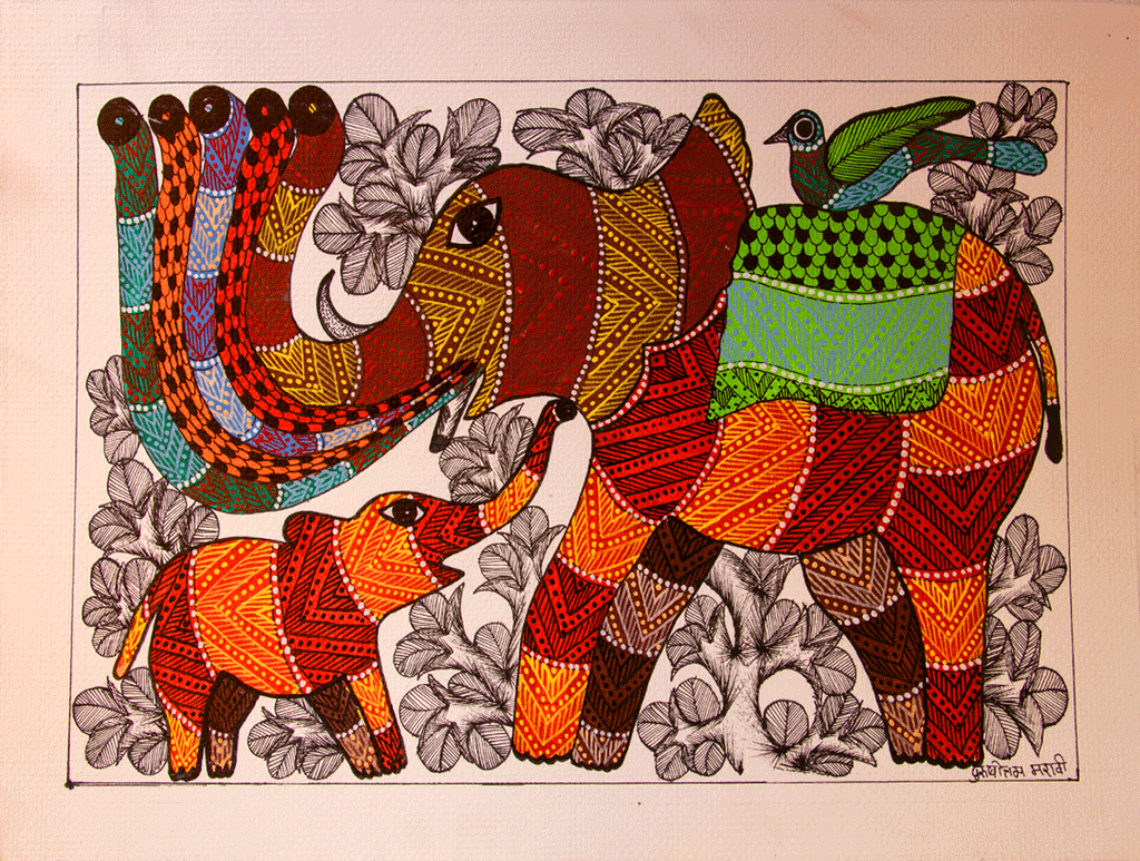 Gond Art Painting - Elephants (14.5" x 10") - The India Craft House 