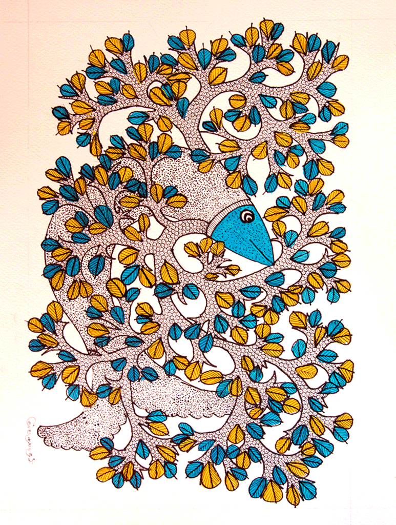 Gond Art Painting - Fish & Tree (14.5" x 10") - The India Craft House 