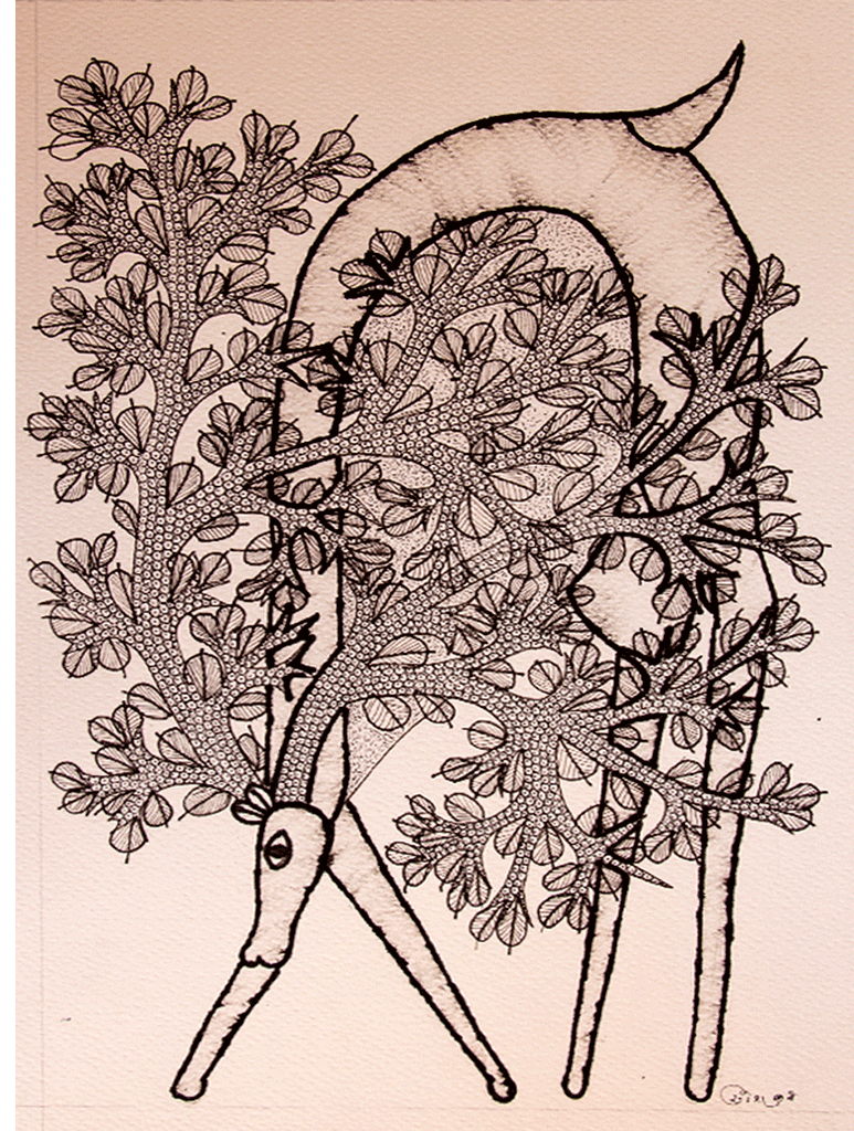 Gond Art Painting - Giraffe & Tree (14.5" x 10") - The India Craft House 