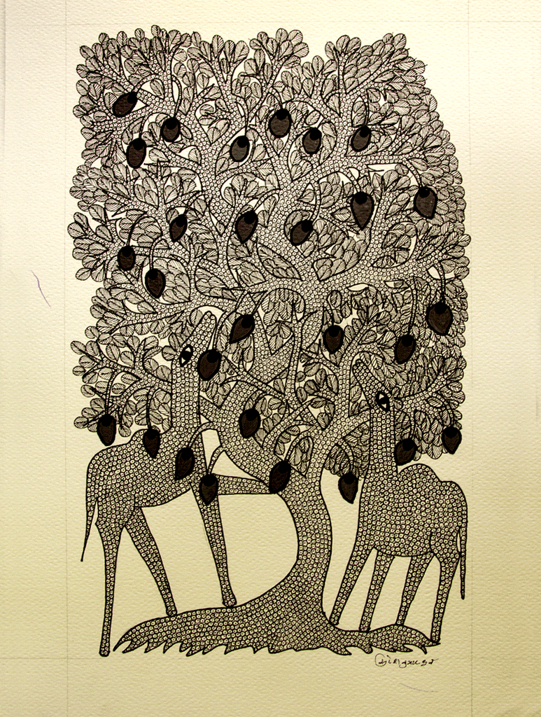 Gond Art Painting - Mango Tree & Deer (14.5" x 10") - The India Craft House 
