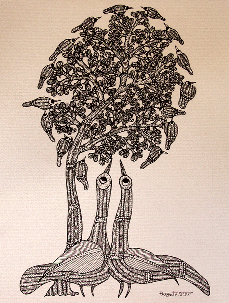 Gond Art Painting - Peacocks & Tree (14.5" x 10") - The India Craft House 