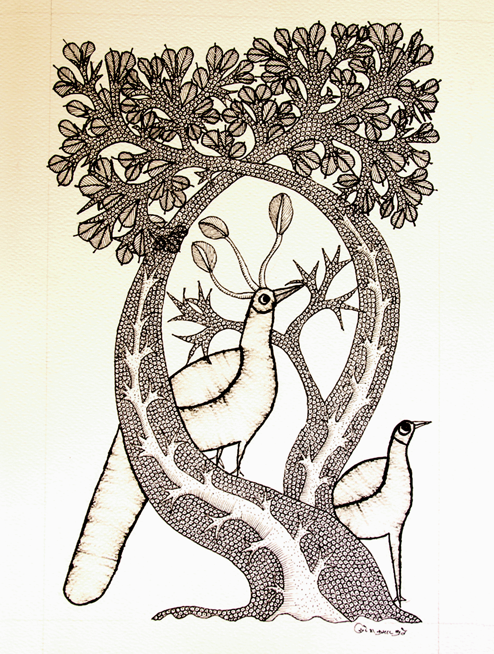Load image into Gallery viewer, Gond Art Painting - Peacocks &amp; Tree (14.5&quot; x 10&quot;) - The India Craft House 