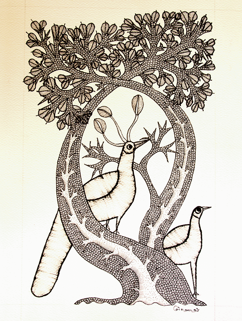 Gond Art Painting - Peacocks & Tree (14.5" x 10") - The India Craft House 