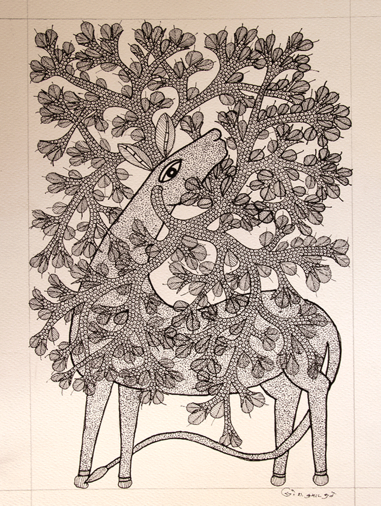 Gond Art Painting - Tree & Deer (14.5" x 10") - The India Craft House 