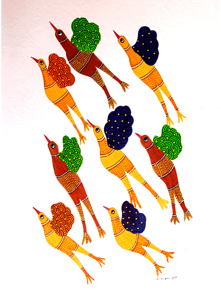 Gond Art Painting Large (20" x 14") - Birds in Flight - The India Craft House 