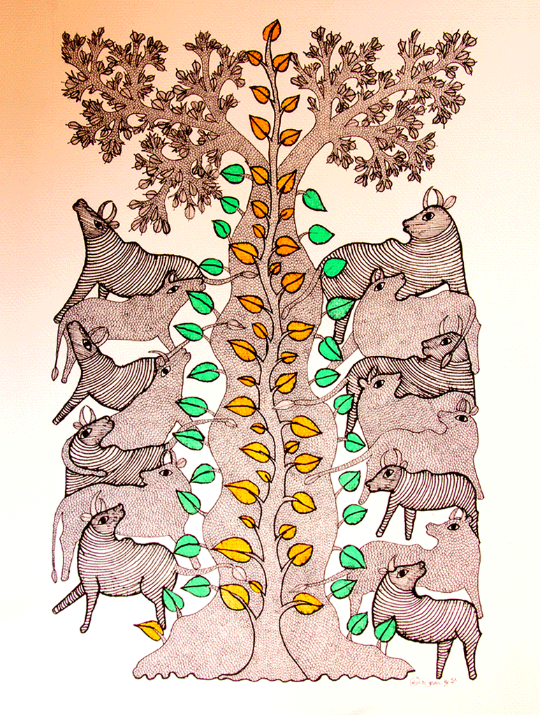 Gond Art Painting Large (20" x 14") - Zebras & Tree - The India Craft House 