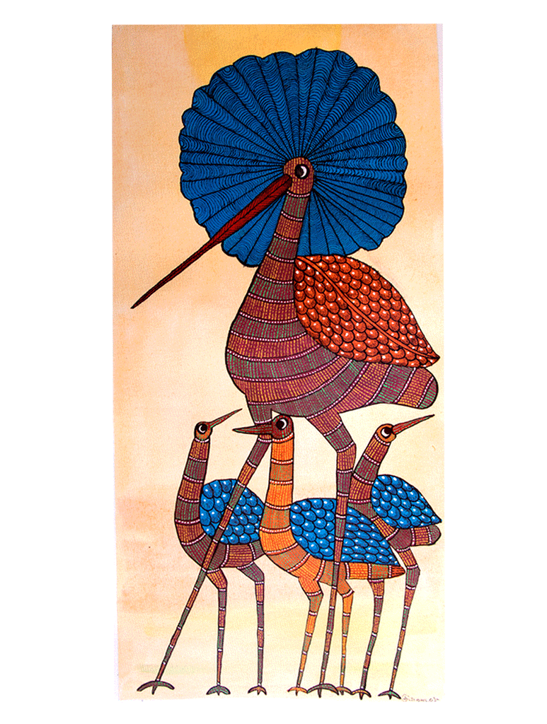 Gond Art Painting Large (30"x18") - Peacocks - The India Craft House 