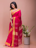 Graceful Elegance. Soft Bengal Handwoven Linen Sari - Deep Pink & Gold