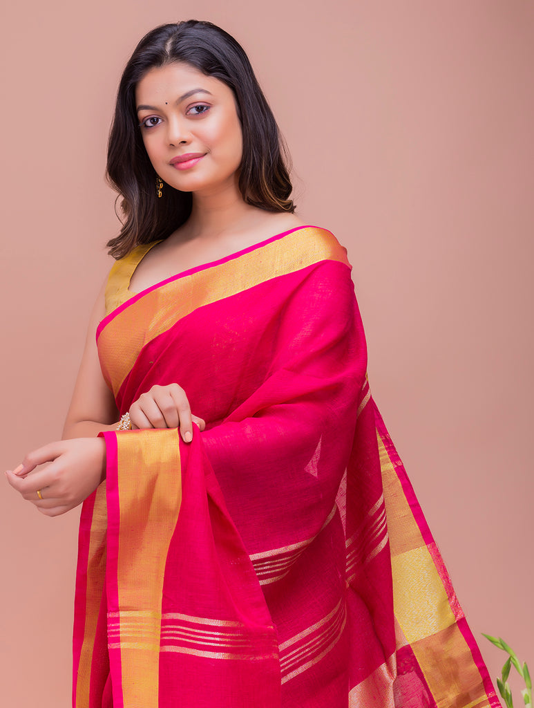Graceful Elegance. Soft Bengal Handwoven Linen Sari - Pink & Gold