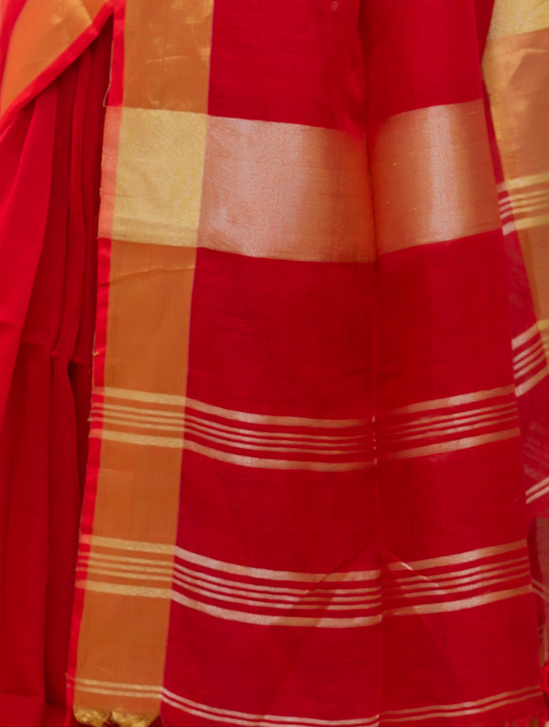 Graceful Elegance. Soft Bengal Handwoven Linen Sari - Vibrant Red & Gold