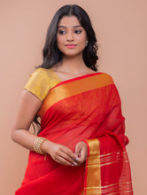 Load image into Gallery viewer, Graceful Elegance. Soft Bengal Handwoven Linen Sari - Vibrant Red &amp; Gold