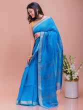 Load image into Gallery viewer, Graceful Elegance. Soft Bengal Handwoven Linen Silk Zari Checked Sari - Vivid Blue