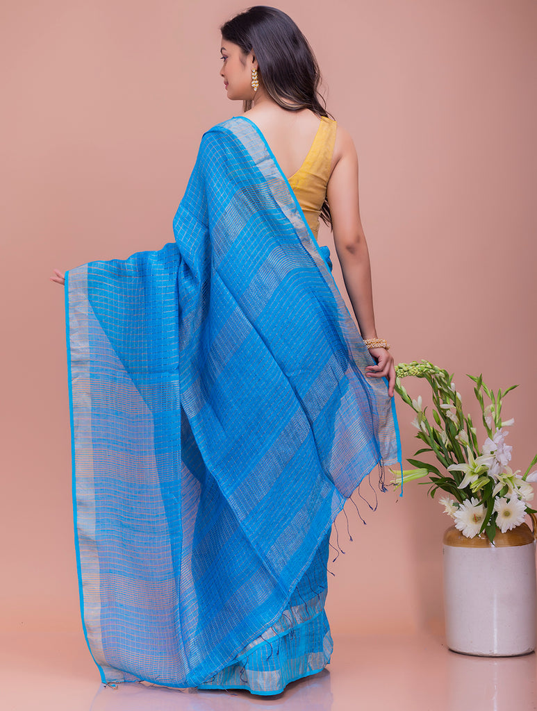 Graceful Elegance. Soft Bengal Handwoven Linen Silk Zari Checked Sari - Vivid Blue