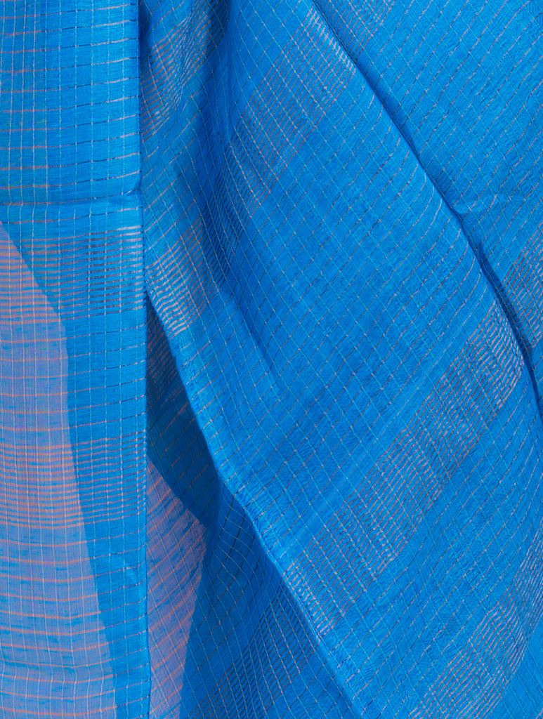 Graceful Elegance. Soft Bengal Handwoven Linen Silk Zari Checked Sari - Vivid Blue