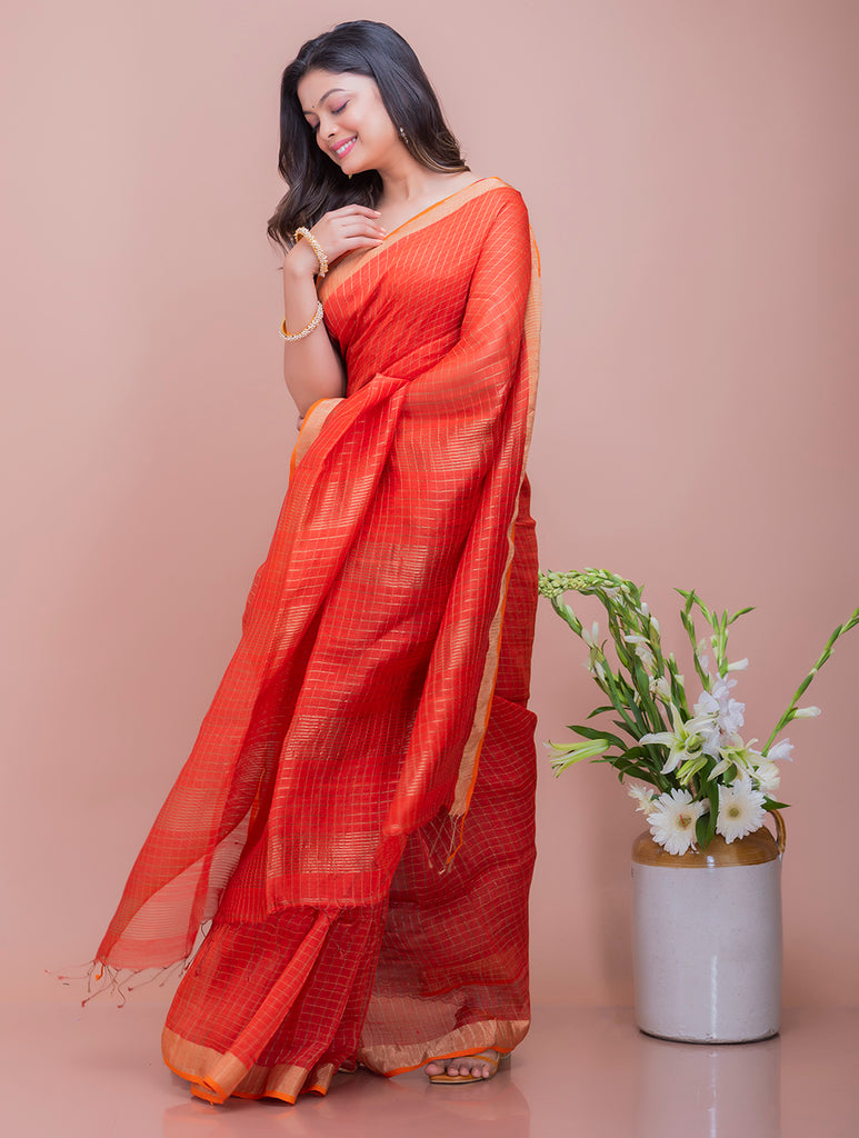 Graceful Elegance. Soft Bengal Handwoven Linen Silk Zari Sari - Orange