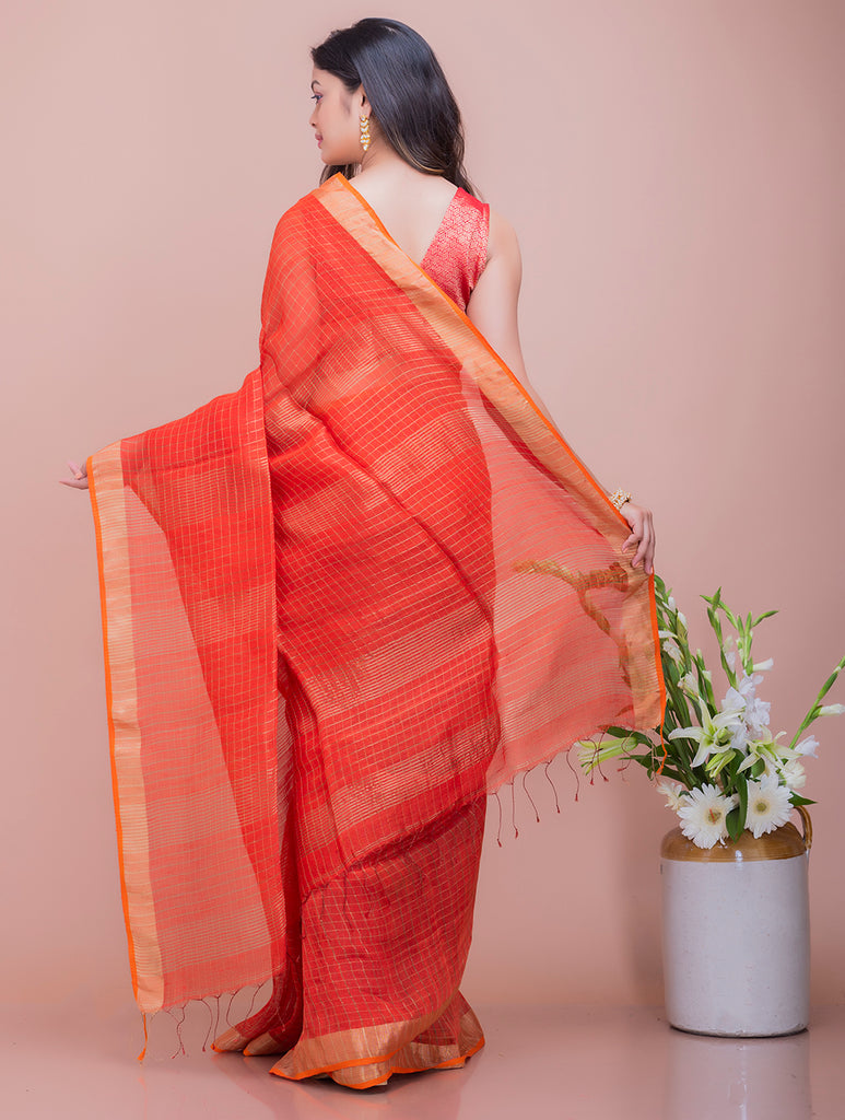 Graceful Elegance. Soft Bengal Handwoven Linen Silk Zari Sari - Orange