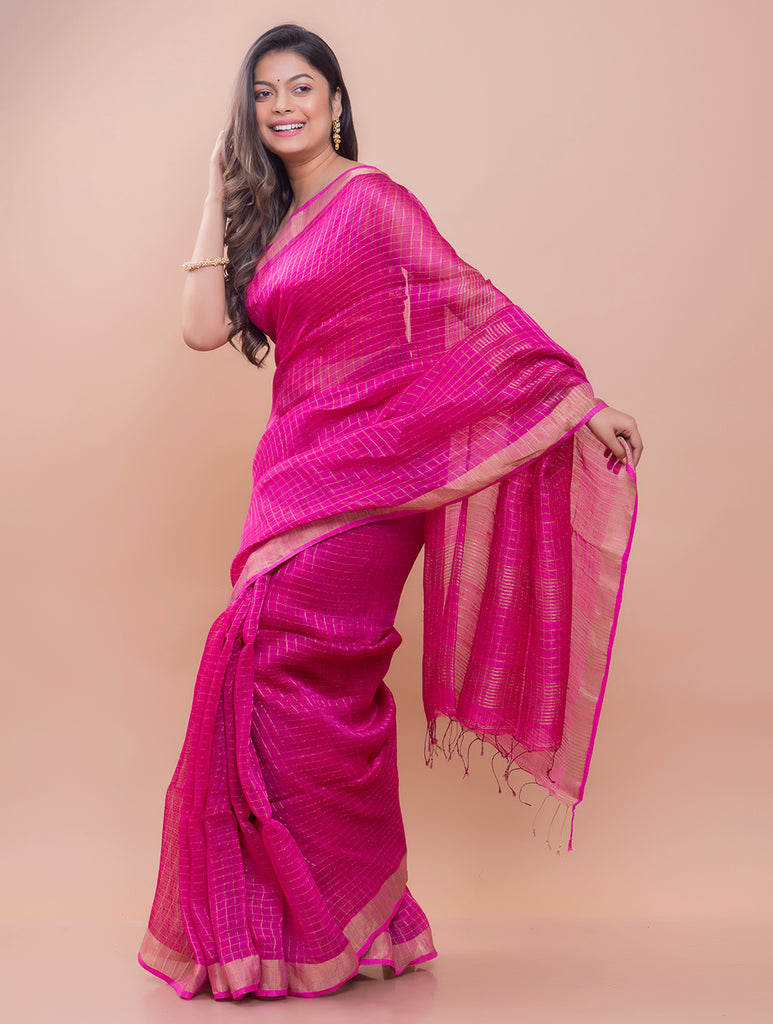 Graceful Elegance. Soft Bengal Handwoven Linen Silk Zari Sari - Pink