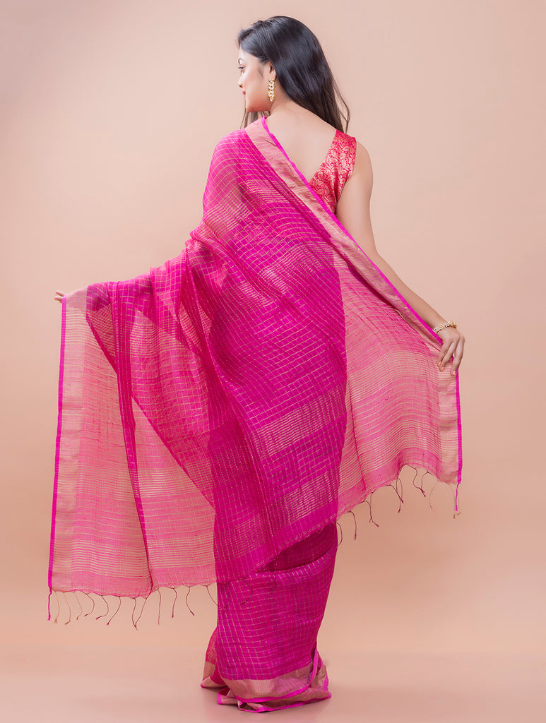 Graceful Elegance. Soft Bengal Handwoven Linen Silk Zari Sari - Pink