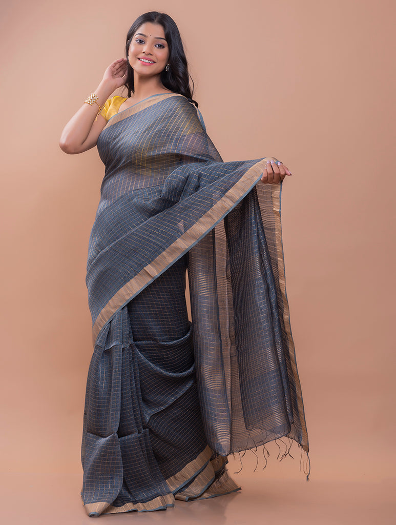Graceful Elegance. Soft Bengal Handwoven Linen Silk Zari Sari - Soft Grey