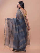 Load image into Gallery viewer, Graceful Elegance. Soft Bengal Handwoven Linen Silk Zari Sari - Soft Grey
