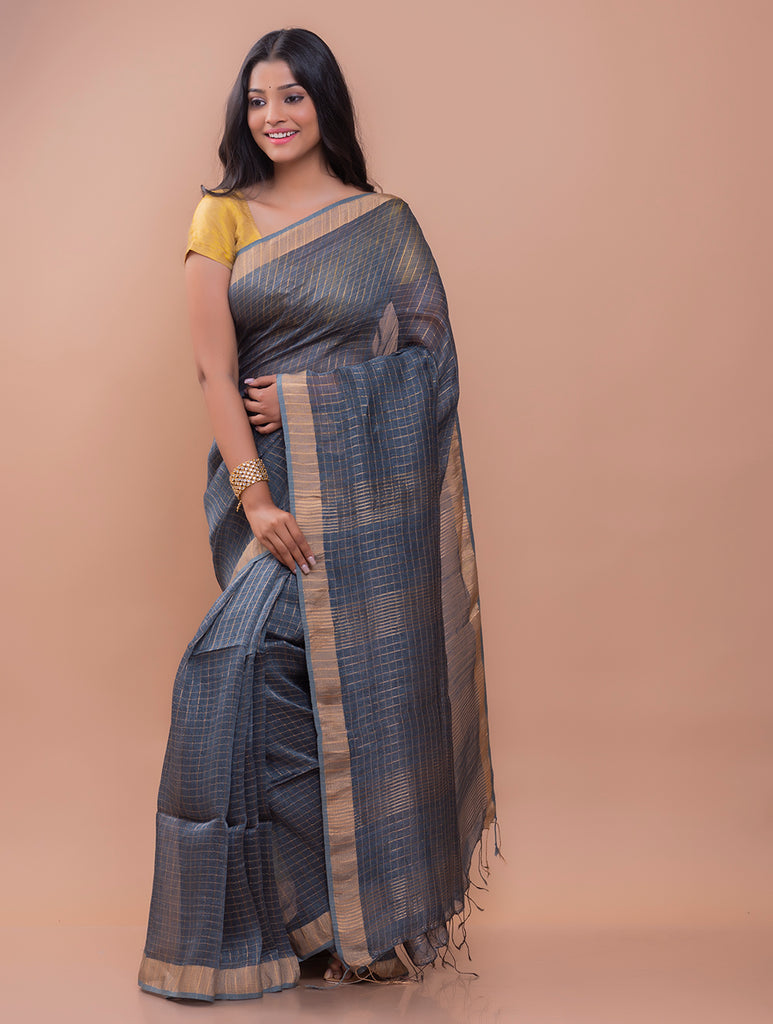 Graceful Elegance. Soft Bengal Handwoven Linen Silk Zari Sari - Soft Grey