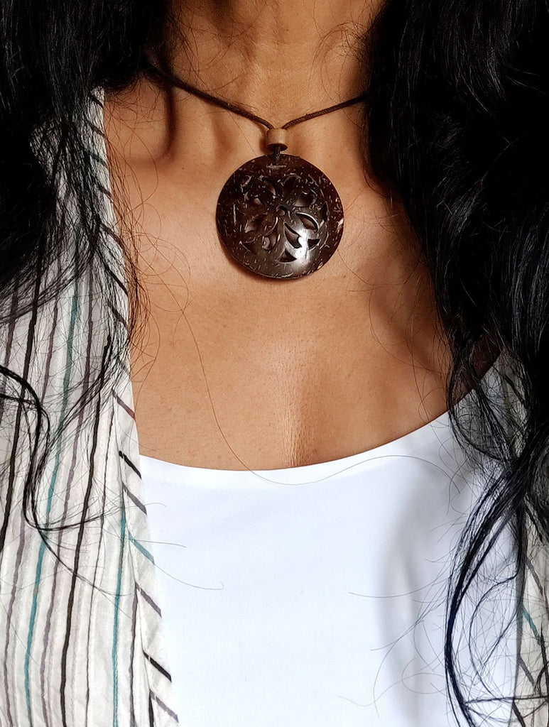 Handcrafted Coconut Shell Pendant on Thread - Flower
