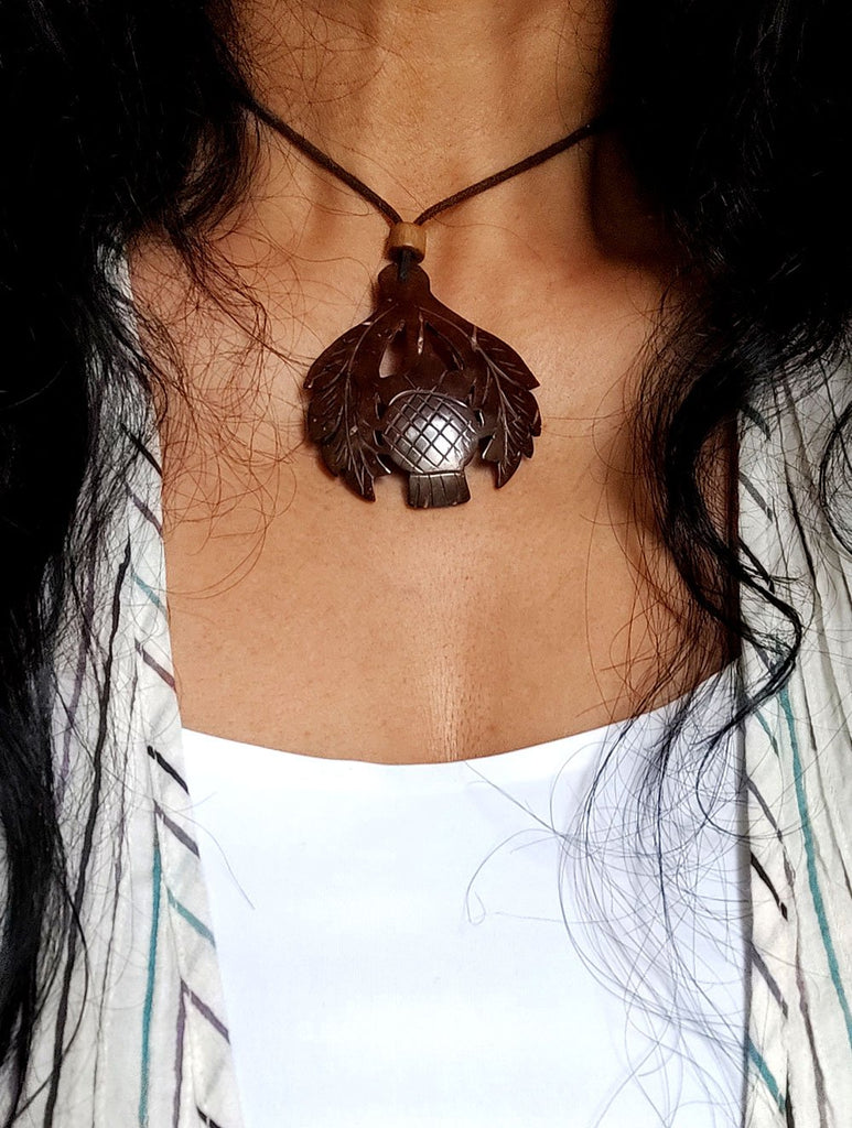 Handcrafted Coconut Shell Pendant on Thread - Leaves