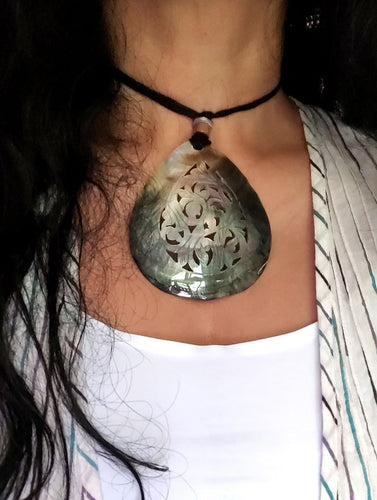 Handcrafted Filigree Shell Pendant on Thread - TearDrop