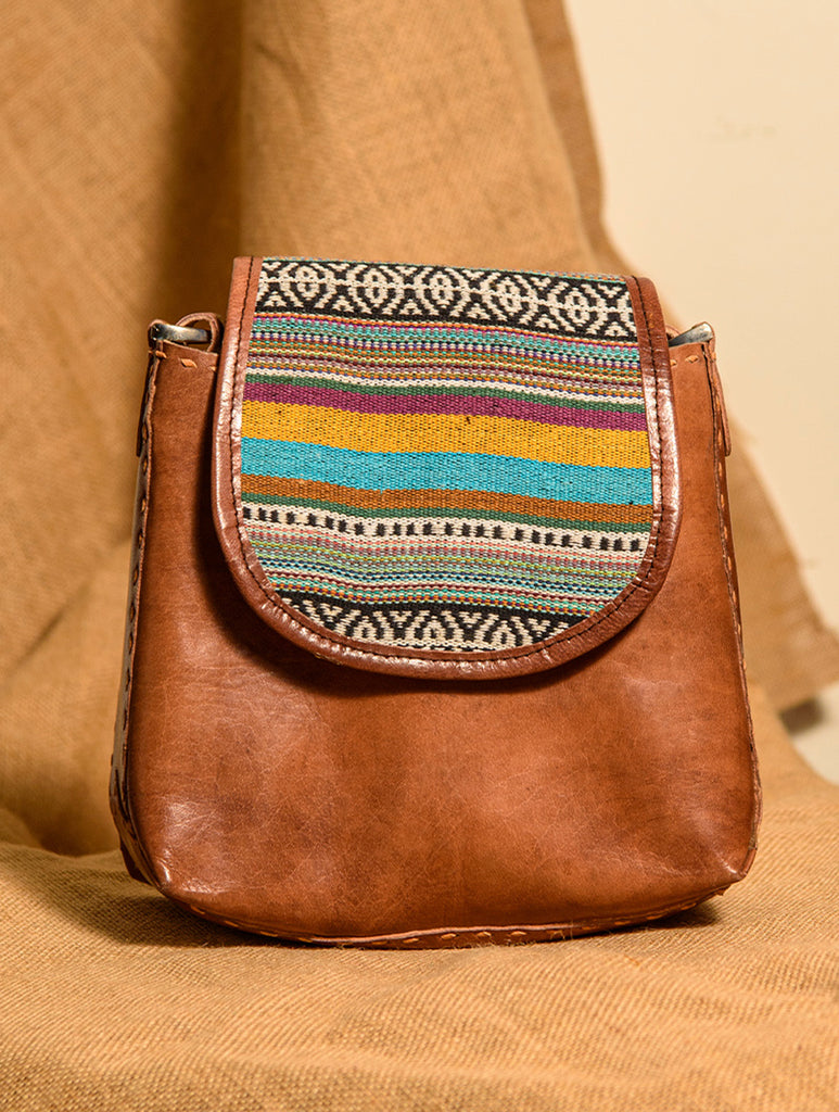 Handcrafted Jawaja Leather Bag with Cloth Woven Patch