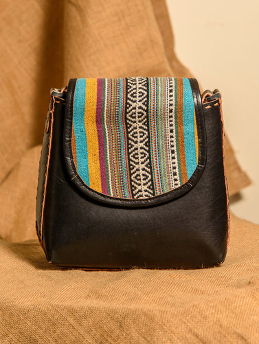 Handcrafted Jawaja Leather Bag with Cloth Woven Patch