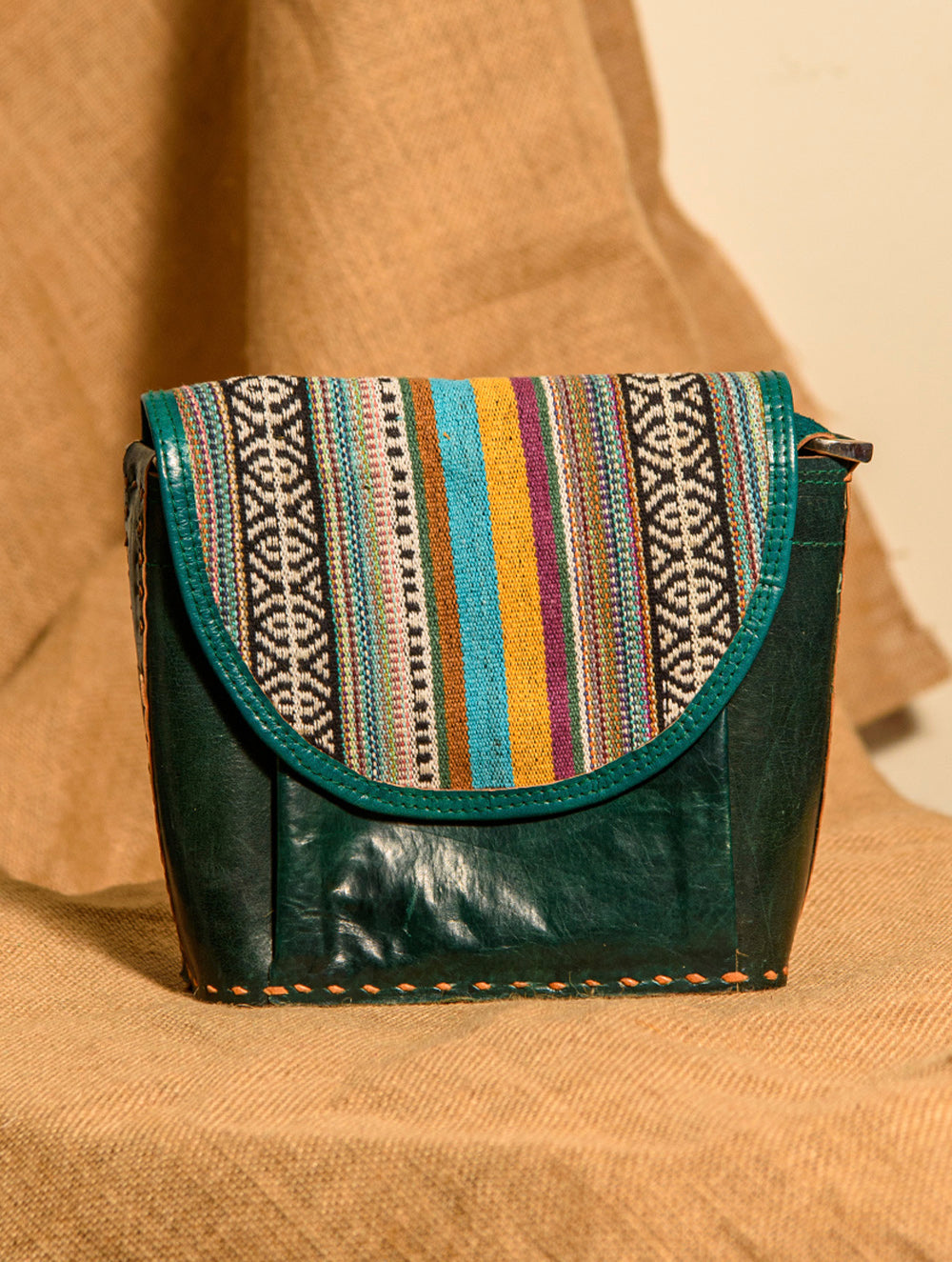 Load image into Gallery viewer, Handcrafted Jawaja Leather Bag with Cloth Woven Patch