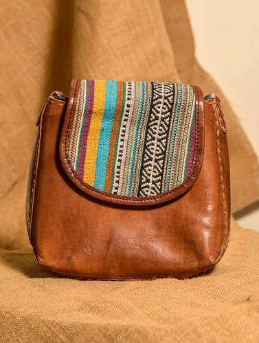 Handcrafted Jawaja Leather Bag with Cloth Woven Patch