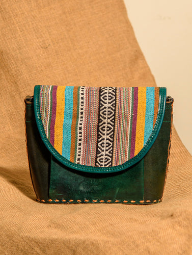 Handcrafted Jawaja Leather Bag with Cloth Woven Patch