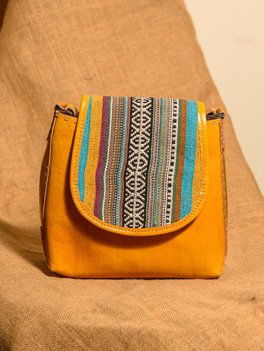 Handcrafted Jawaja Leather Bag with Cloth Woven Patch