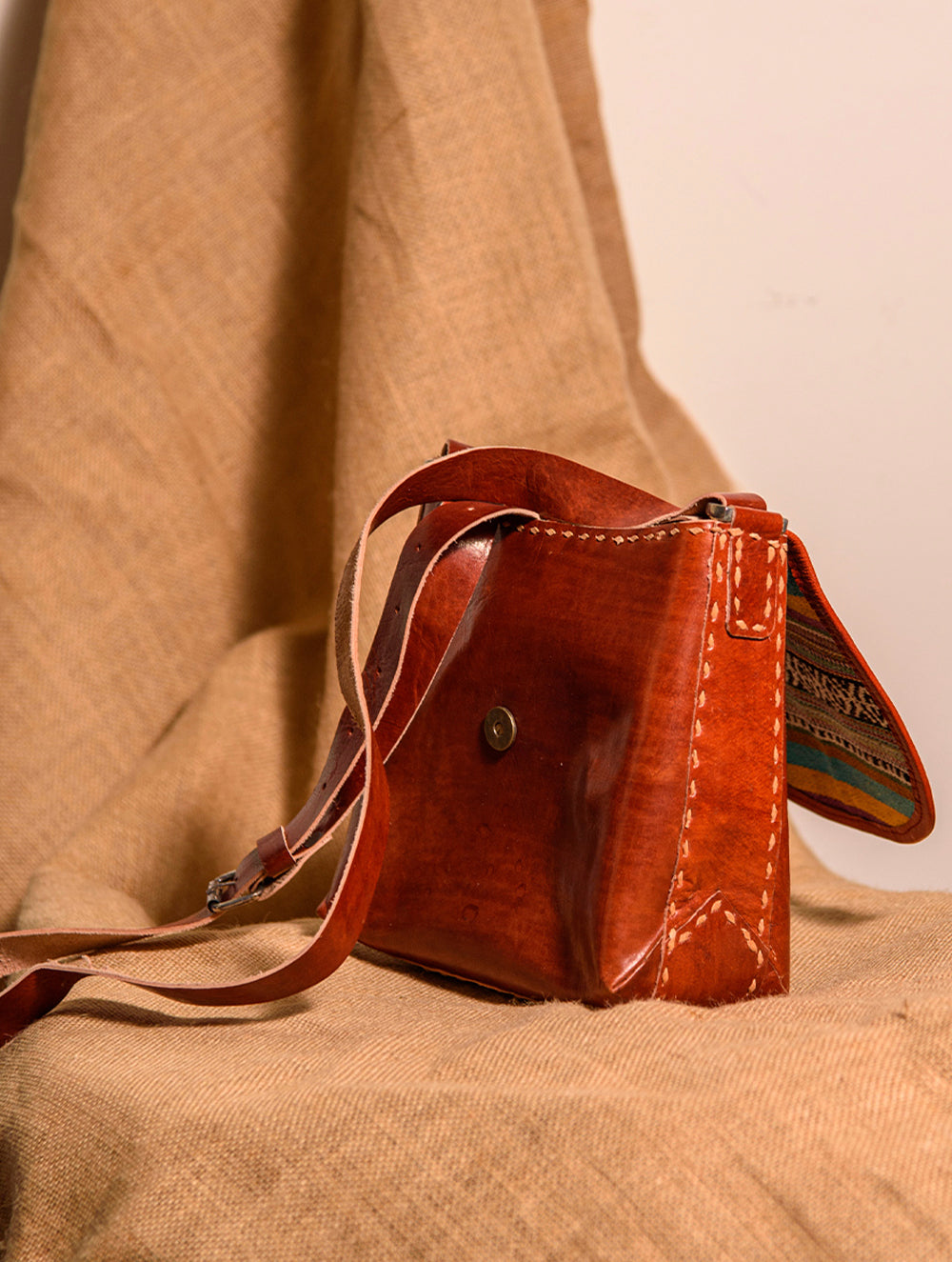 Load image into Gallery viewer, Handcrafted Jawaja Leather Bag with Cloth Woven Patch