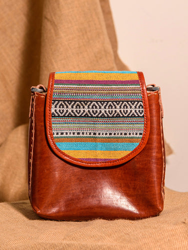 Handcrafted Jawaja Leather Bag with Cloth Woven Patch