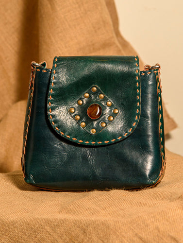 Handcrafted Jawaja Leather Bag with Contrast Hand Stitch Detail