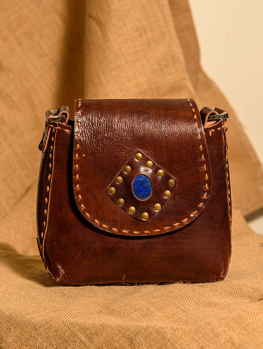 Handcrafted Jawaja Leather Bag with Contrast Hand Stitch Detail