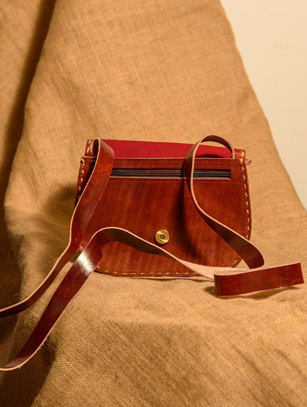Handcrafted Jawaja Leather Bag with Cutwork and Hand Stitch Detail