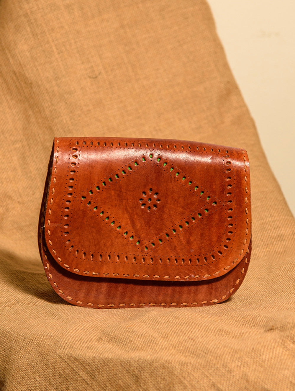 Load image into Gallery viewer, Handcrafted Jawaja Leather Bag with Cutwork and Hand Stitch Detail