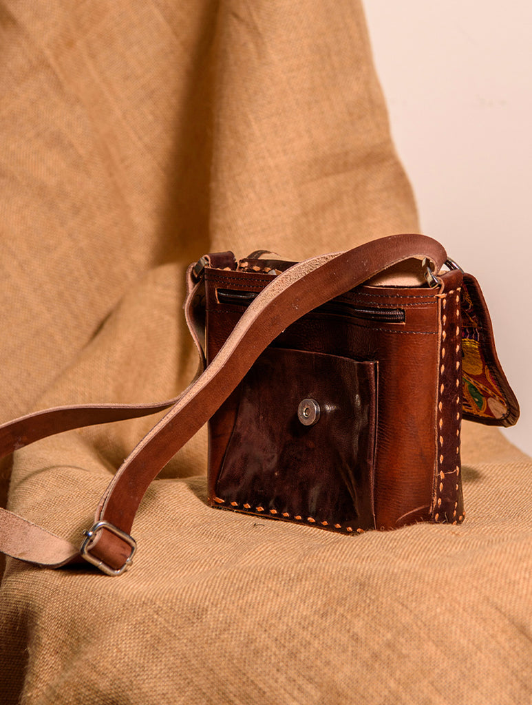 Handcrafted Jawaja Leather Bag with Hand Embroidered Patch