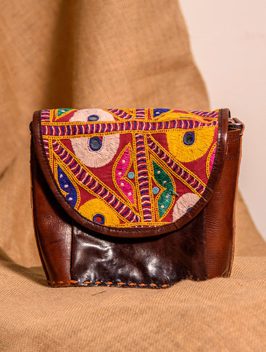 Handcrafted Jawaja Leather Bag with Hand Embroidered Patch