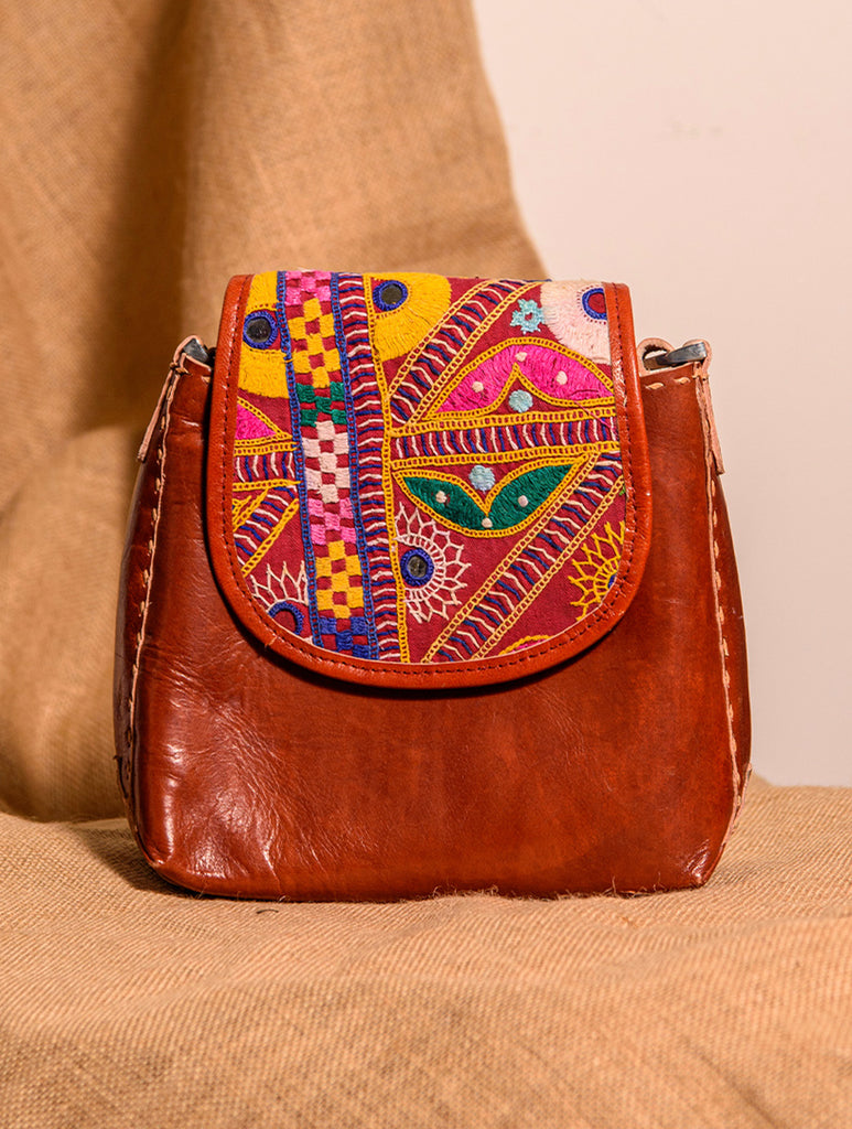 Handcrafted Jawaja Leather Bag with Hand Embroidered Patch