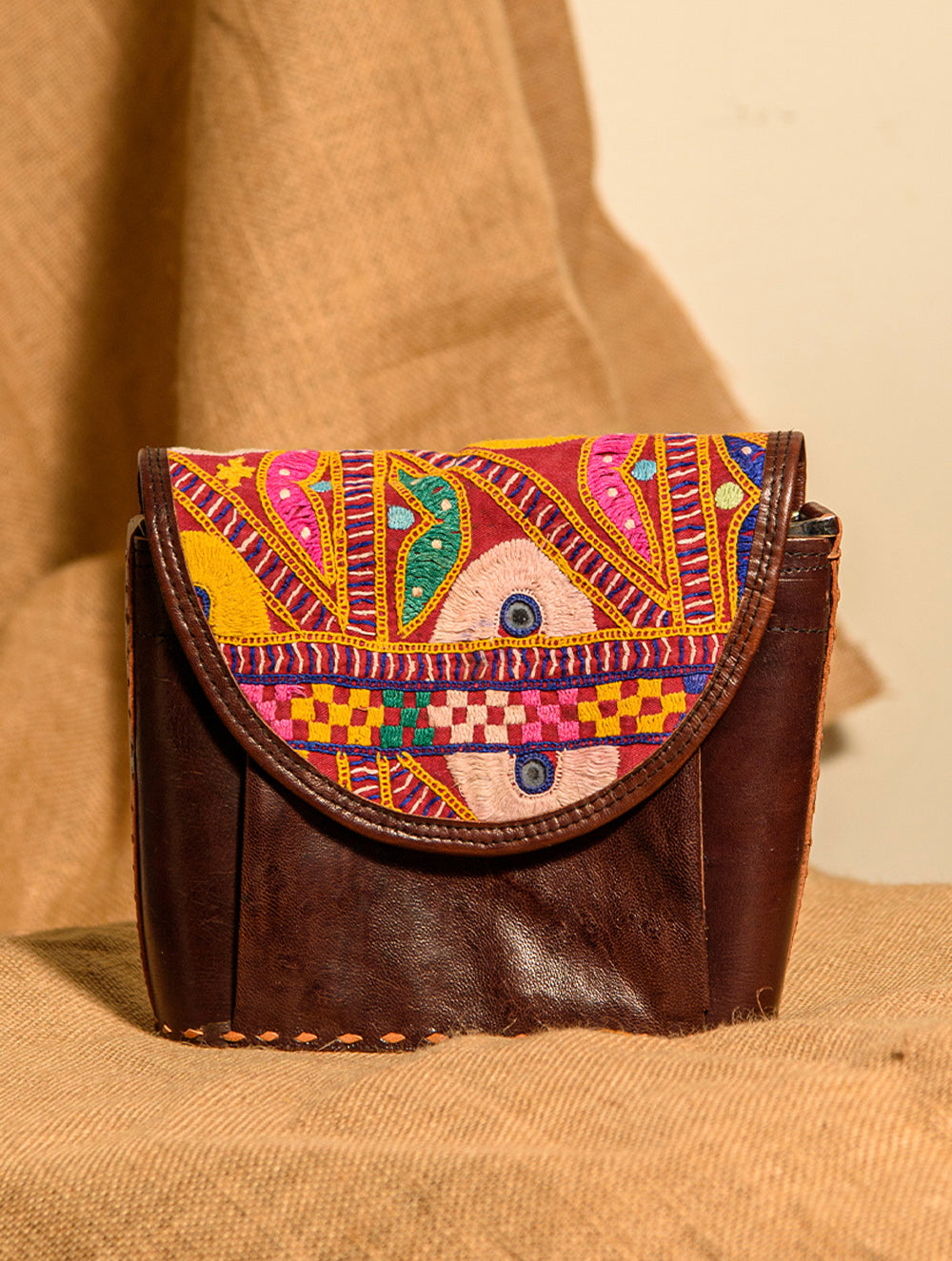 Load image into Gallery viewer, Handcrafted Jawaja Leather Bag with Hand Embroidered Patch