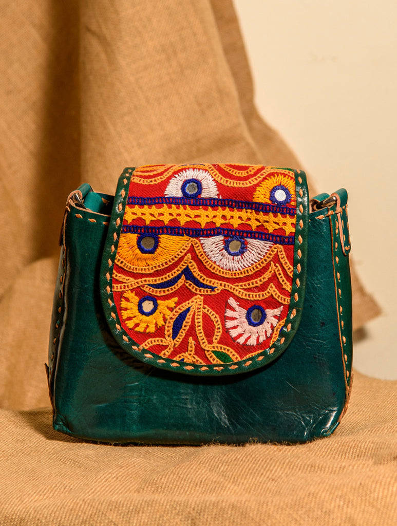 Handcrafted Jawaja Leather Bag with Hand Embroidered Patch