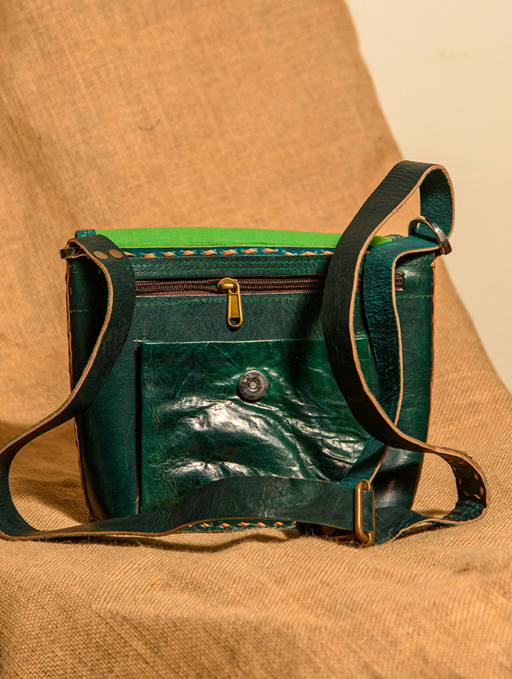 Handcrafted Jawaja Leather Bag with Hand Embroidered Patch