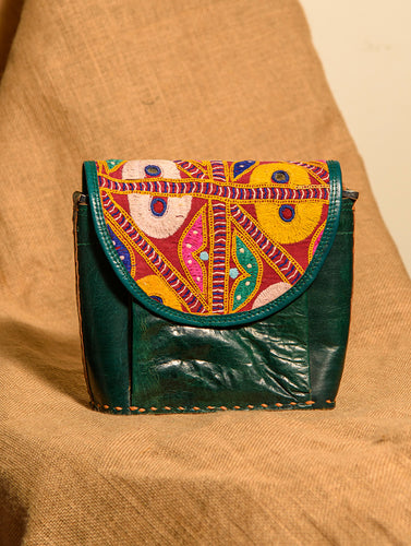 Handcrafted Jawaja Leather Bag with Hand Embroidered Patch